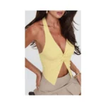 Yellow Halter Top Women Backless Tank Top Sleeveless Asymmetrical Twist