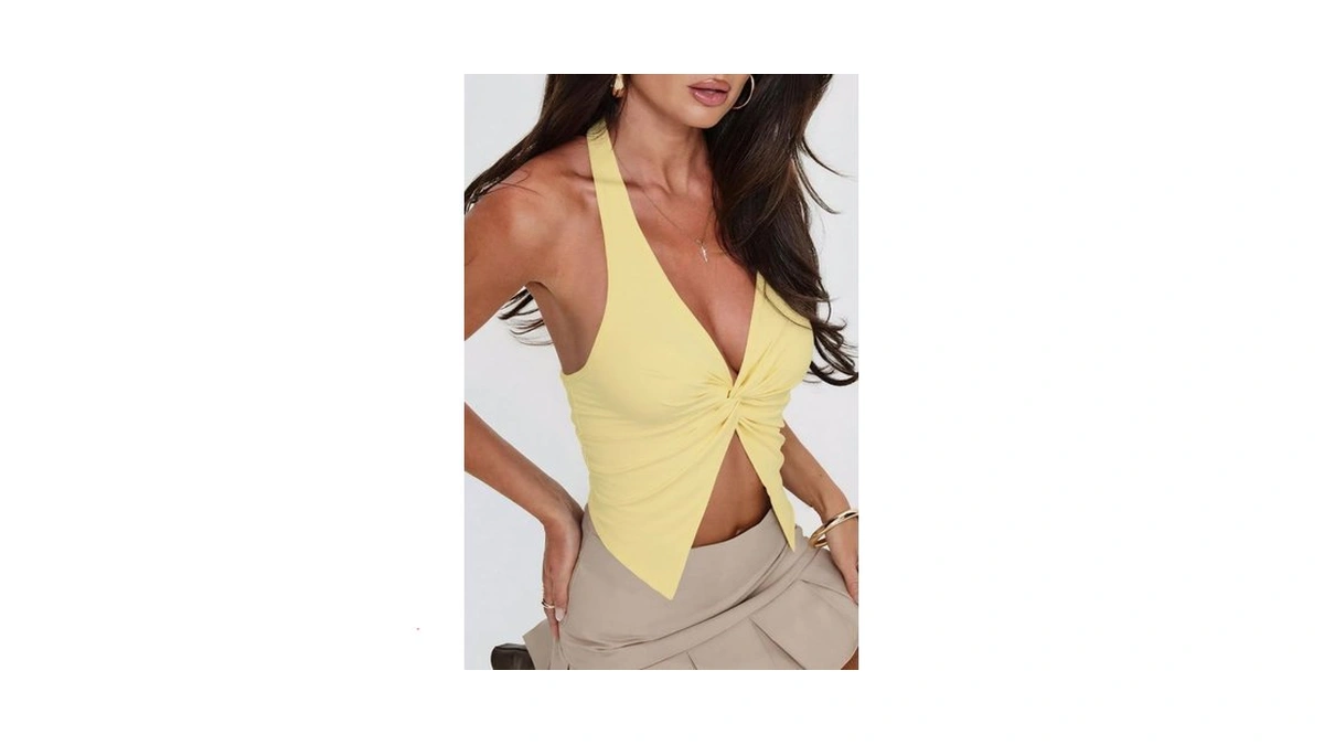 Yellow Halter Top Women Backless Tank Top Sleeveless Asymmetrical Twist