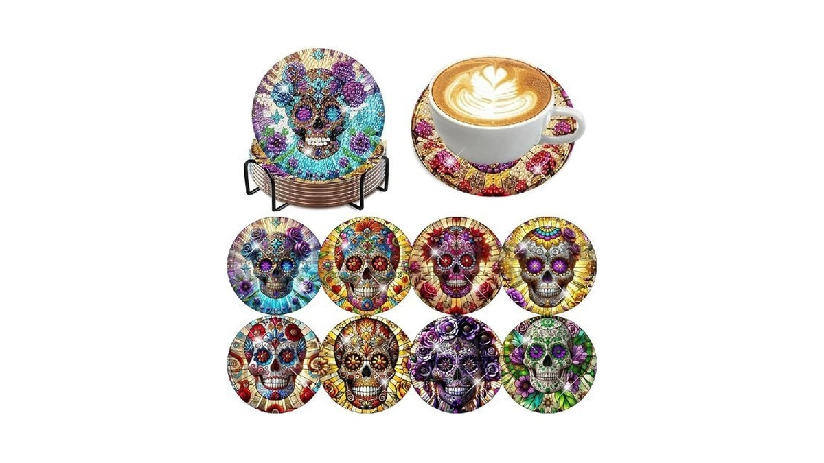 Zythron 8 Pcs Diamond Art Coasters Skull Diamond Painting Coasters