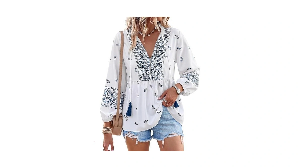 Tankaneo Womens V Neck Boho Babydoll Tops Summer Pleated Peplum