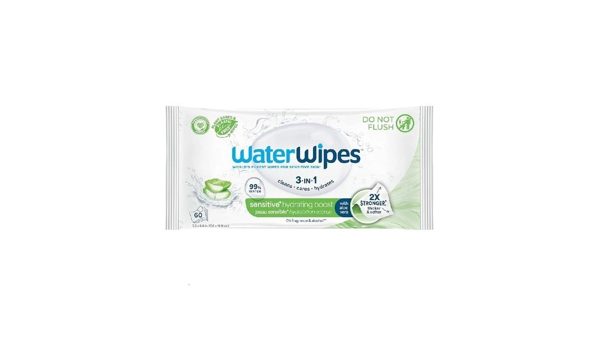 Waterwipes Sensitive+ Hydrating Boost Wipes, 3-in-1 Cleans, Cares, Hydrates, 99%