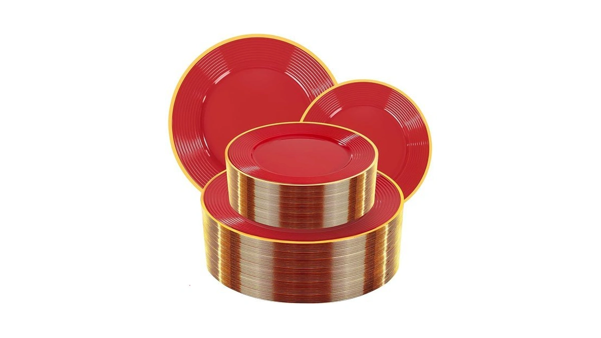 Liacere 100pcs Red Plastic Plates - Heavy Duty Disposable Plates