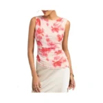 Kate Kasin Women Pink Floral Mesh Ruched Tank Top, Summer