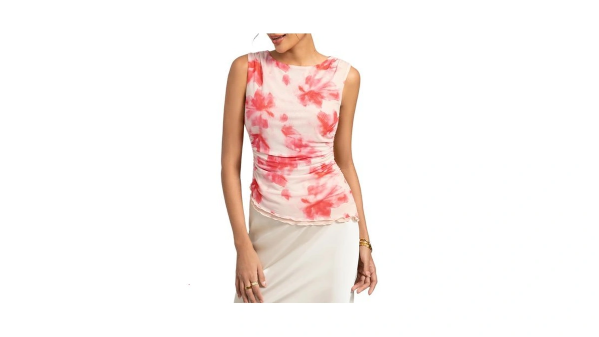 Kate Kasin Women Pink Floral Mesh Ruched Tank Top, Summer