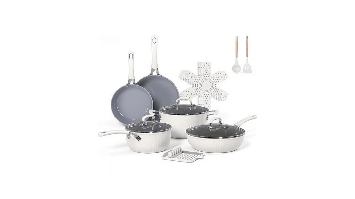 Ammeloo 15-piece Ribbed Ceramic Cookware Set, Pots And Pans Set