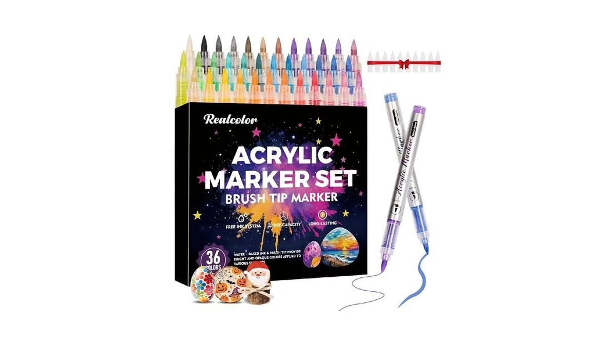Realcolor 36 Colors Acrylic Paint Markers, Soft Brush Tip Acrylic