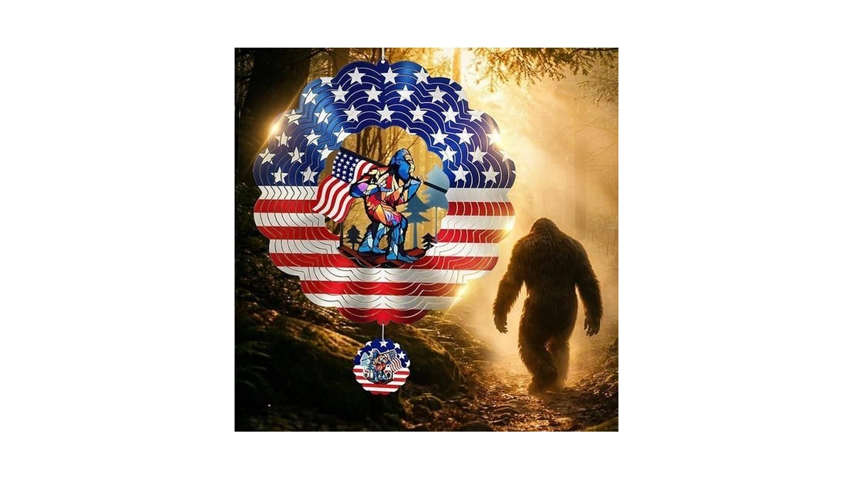 Suncket Bigfoot Wind Spinner With Sasquatch & American Flag Design,