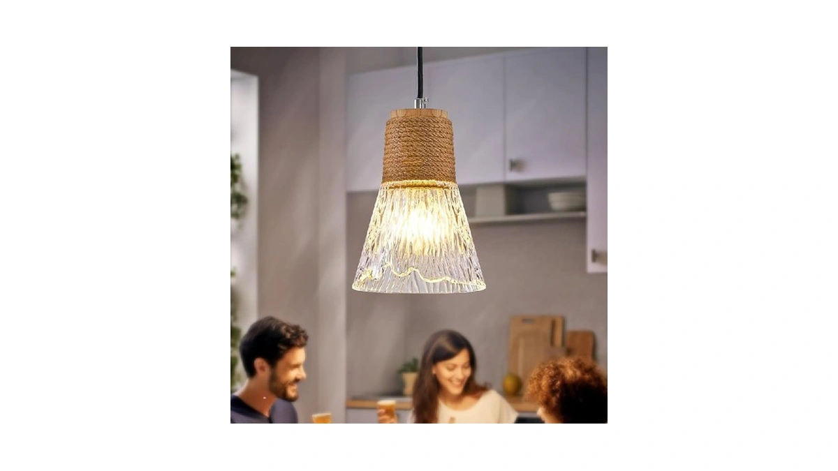 Dalouguan Pendant Light With Clear Striped Glass Lampshade, Hemp Rope