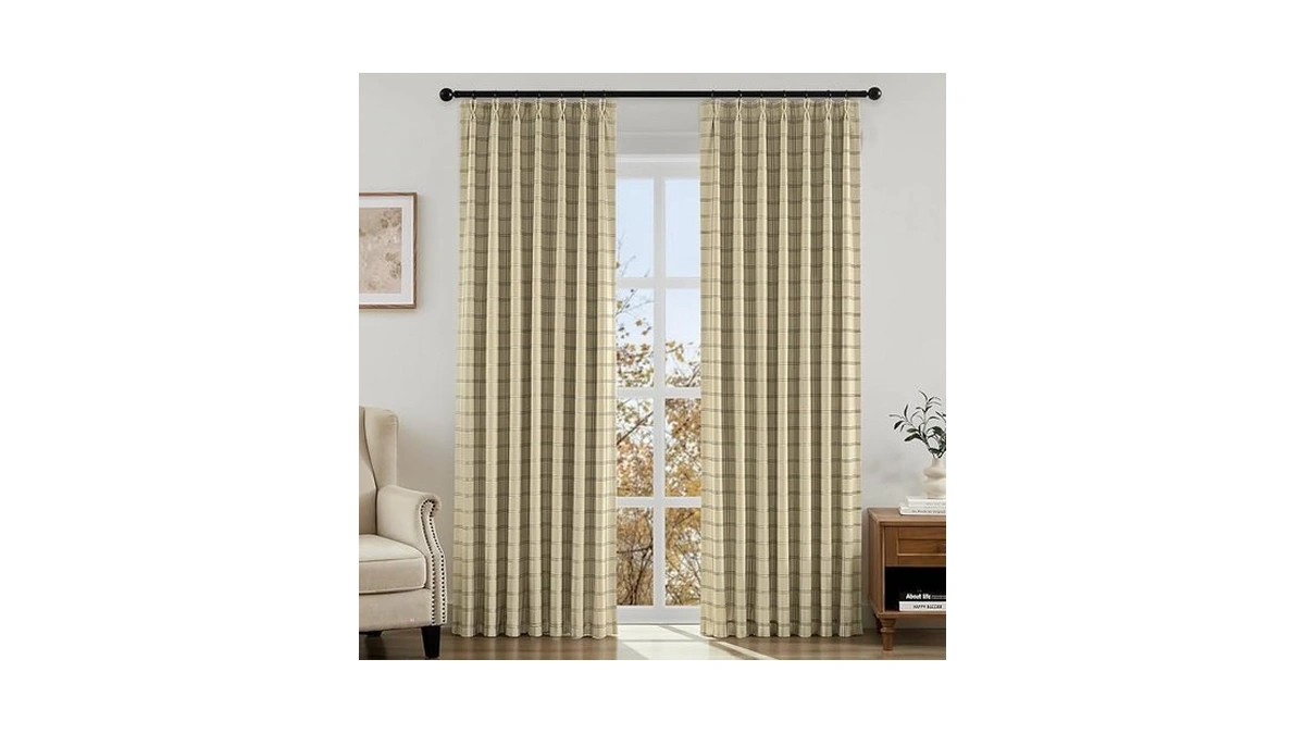 Homeideas 100% Blackout Plaid Pinch Pleated Curtains, Gingham Thermal Insulated