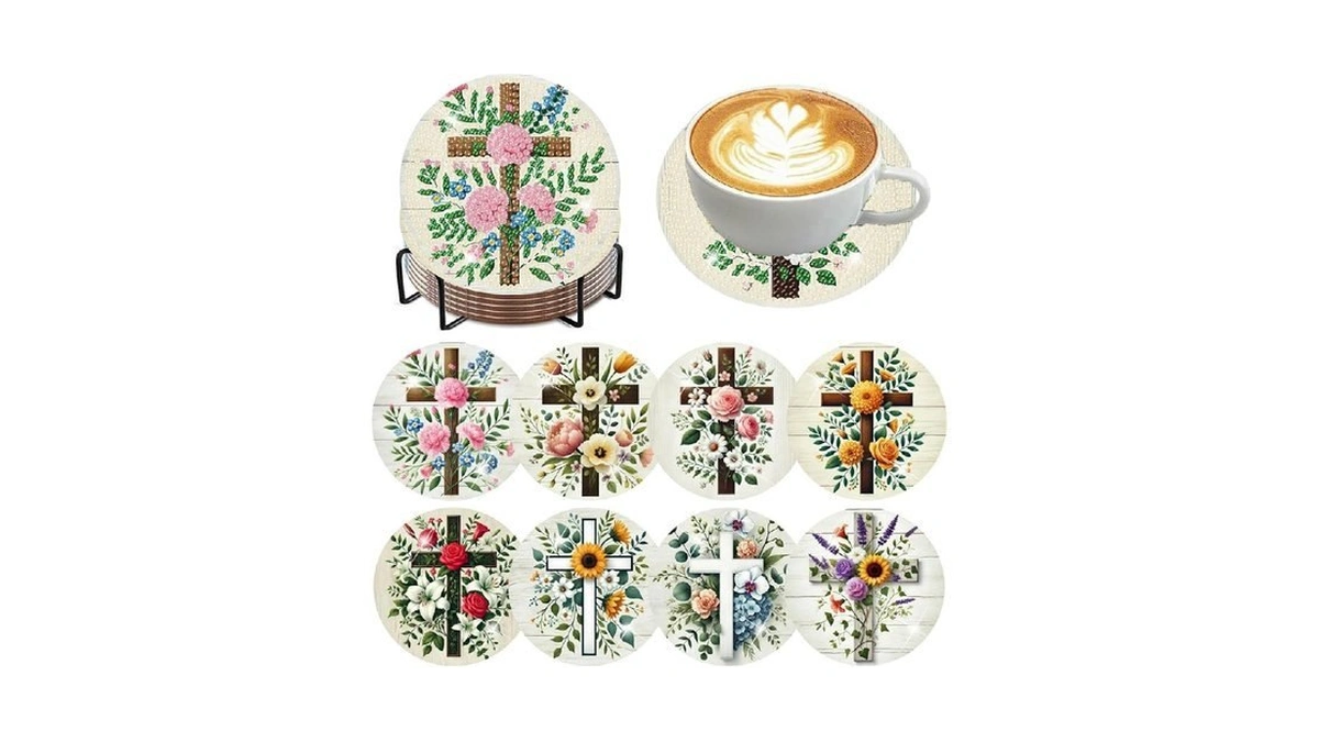Zythron 8 Pcs Diamond Art Coasters Cross Diamond Painting Coasters