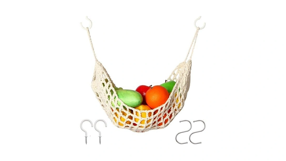 Fruit Hammock Under Cabinet With Hooks, Macrame Hanging Fruit Basket