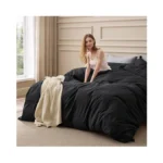 Bedsure 100% Washed Cotton Duvet Cover Queen Size - Black
