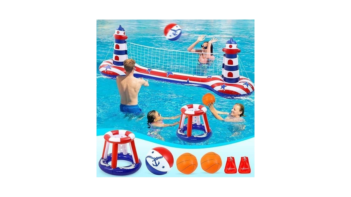 Eaglestone Inflatable Pool Float Set With Volleyball Net & Basketball