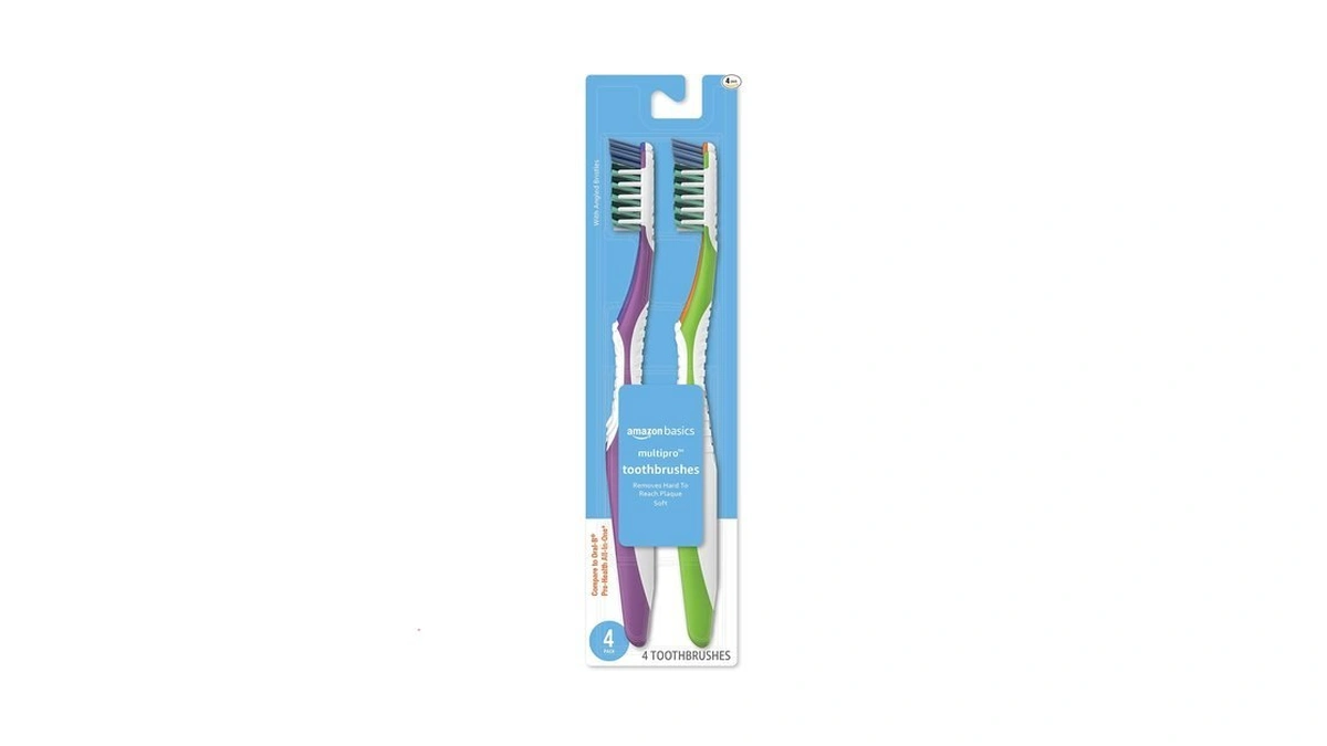 Amazon Basics Multipro Toothbrushes With Angled Bristles, Soft, 4 Count,