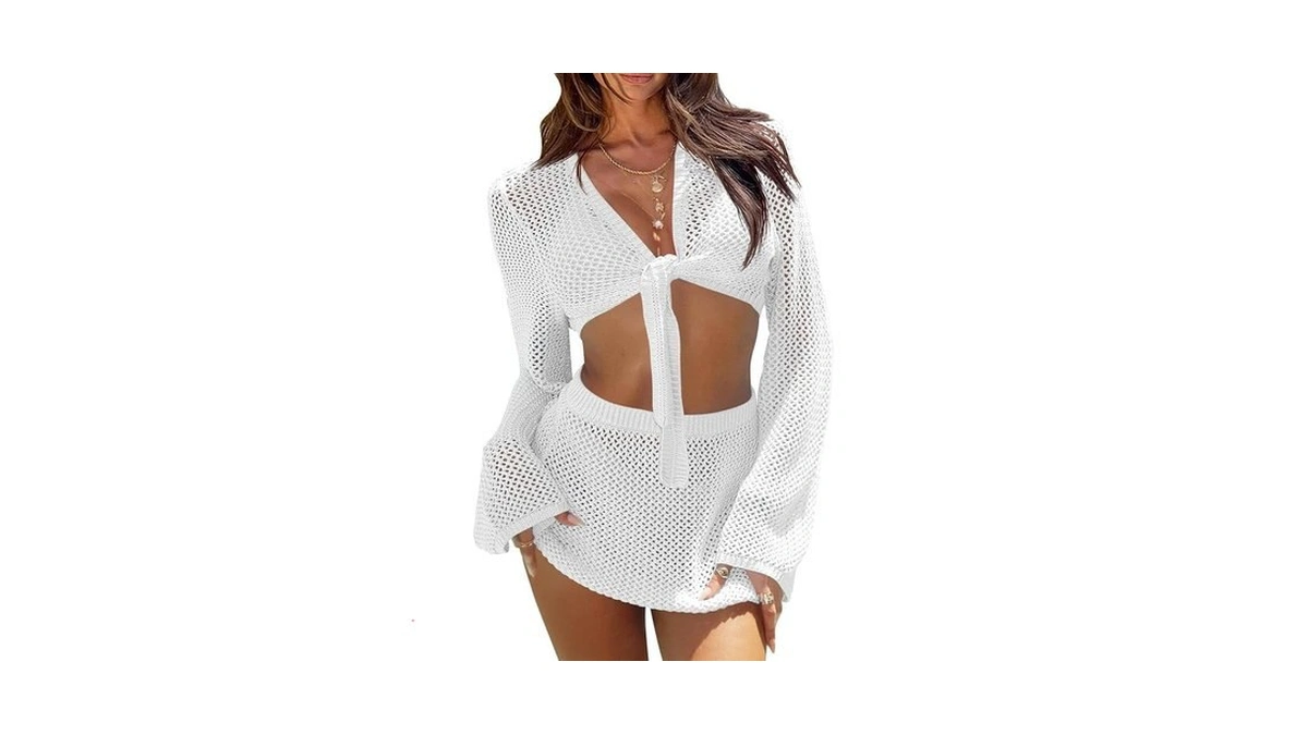 Fisoew Womens Crochet Swimsuit Coverups 2 Piece Bathing Suit Cover