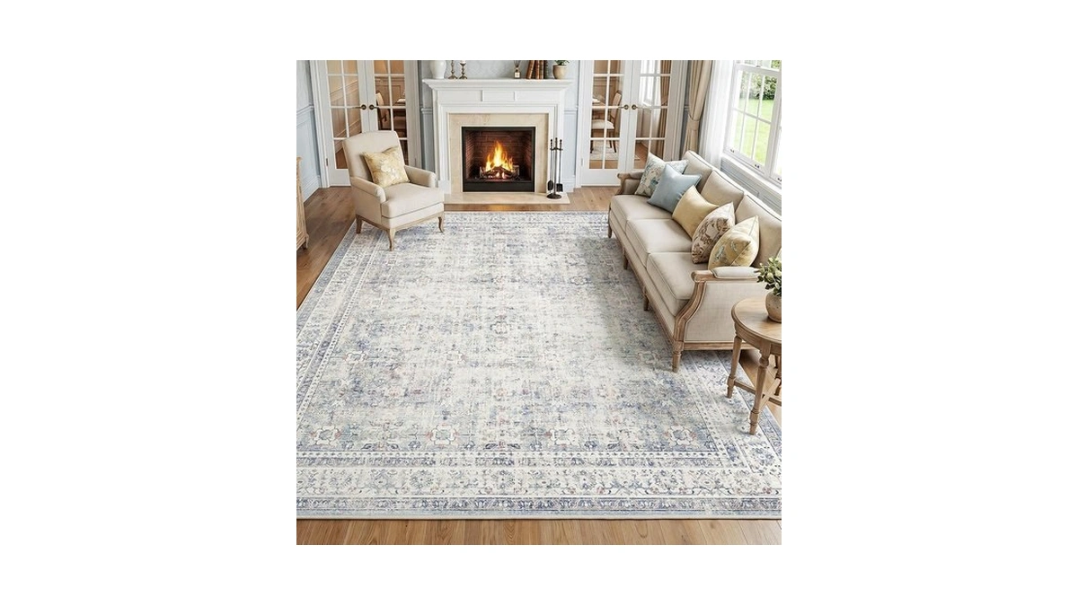 Fmfunctex 6x9 Washable Area Rug Blue Neutral Vintage Distressed Oriental