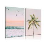 2pcs Framed Pastel Beach Wall Art Tropical Palm Tree Canvas