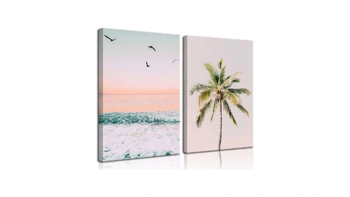 2pcs Framed Pastel Beach Wall Art Tropical Palm Tree Canvas