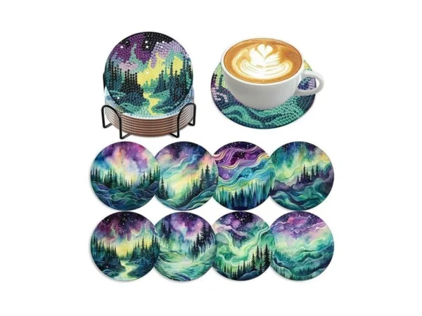 Zythron 8 Pcs Aurora Diamond Art Coasters Diamond Painting Coasters
