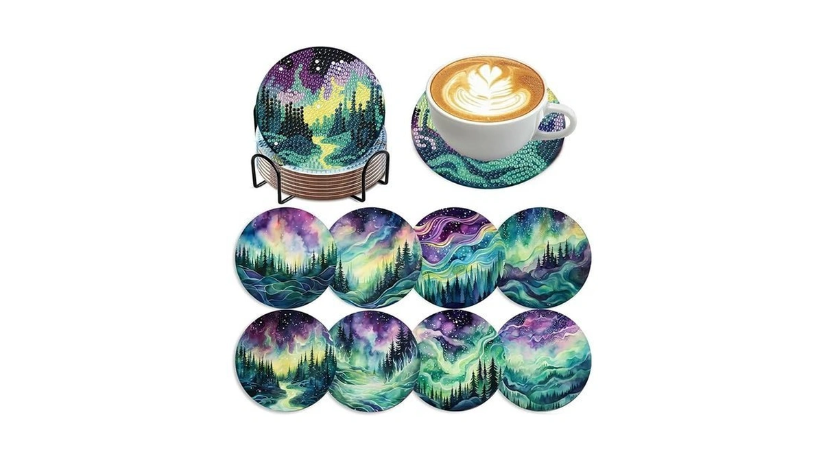 Zythron 8 Pcs Aurora Diamond Art Coasters Diamond Painting Coasters
