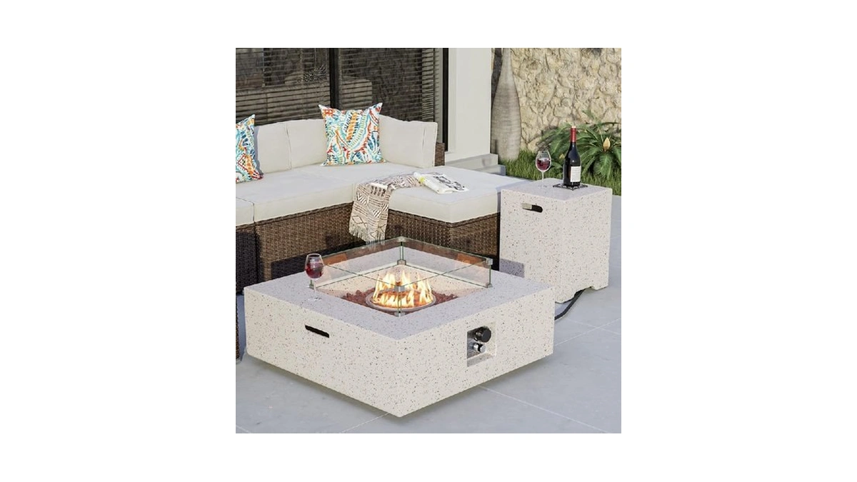 Cosiest 35-inch Square Outdoor Sandstone Propane Fire Pit W Wind