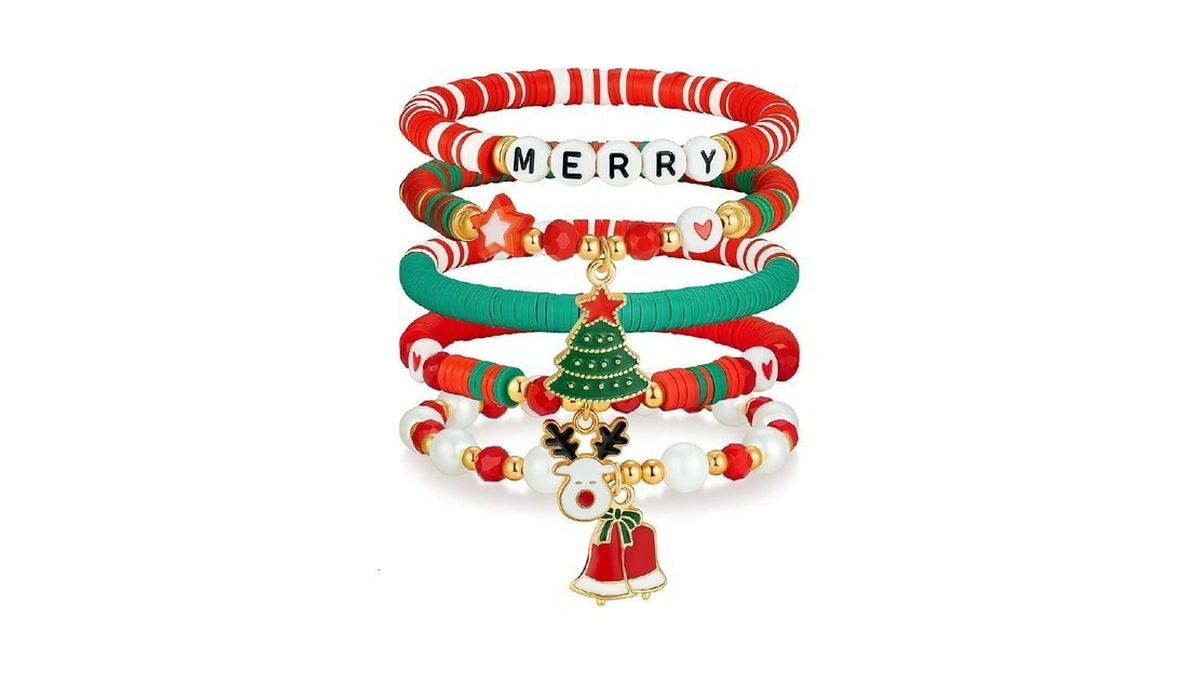 Jollone 5 Pack Christmas Bracelets Women Clay Bead Bracelet Xmas