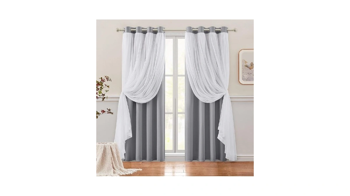 Homeideas Double Layer Curtains Light Grey Blackout Curtains 84 Inch
