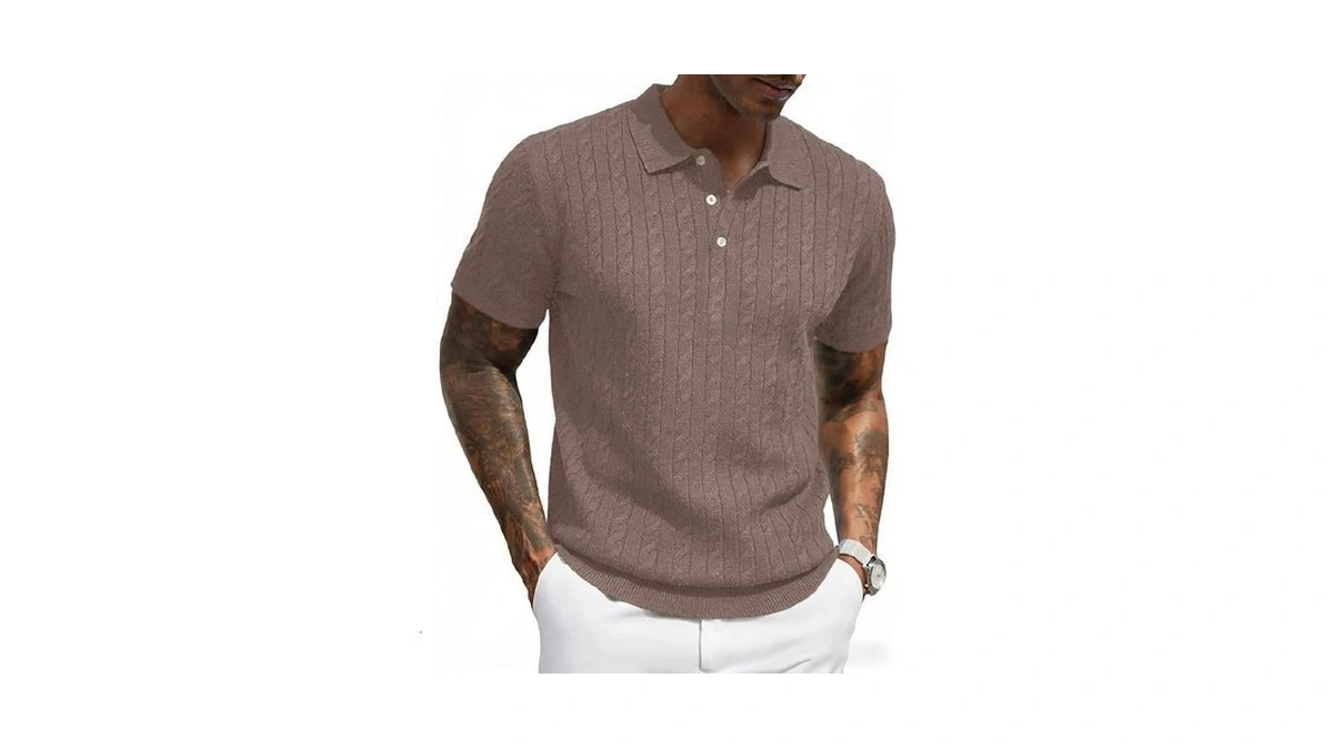 Yeokou Men's Cable Knit Polo Shirts Short Sleeve Textured Pullover
