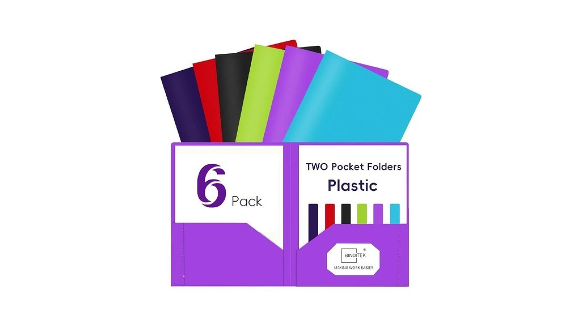 Binditek Plastic Folders With Pockets (6 Pack, Assorted Colors), Heavy