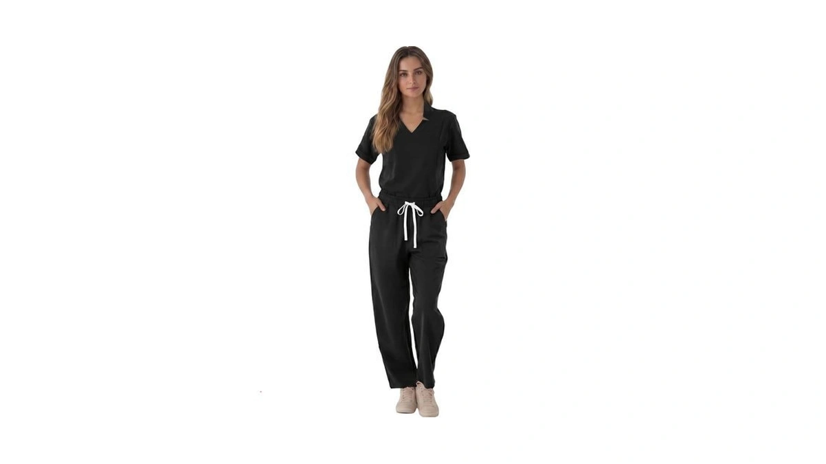 Sinotrex Scrubs For Women, V-neck Slit Top & Straight Pants,