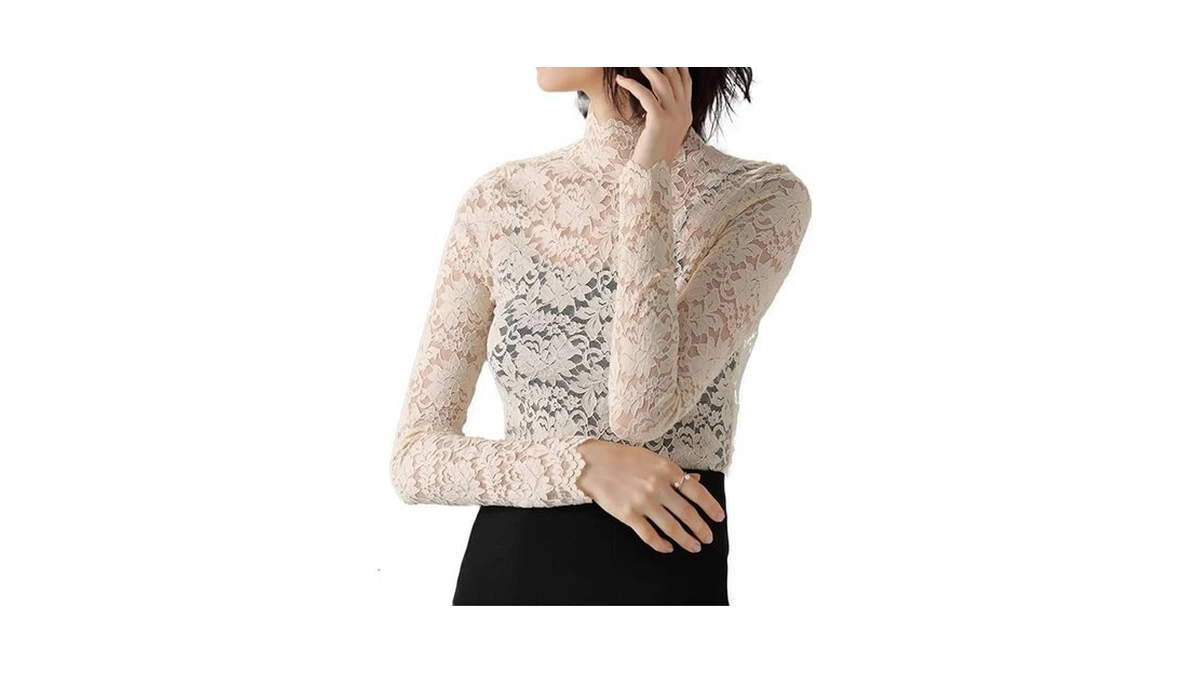 Qiudumo Women's Retro Lace Tops Sheer Casual Bodycon Blouse Boho