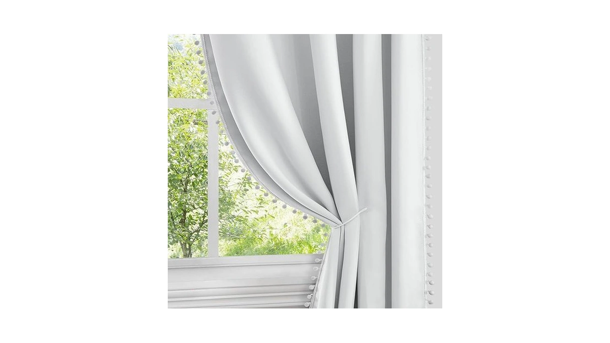 Homeideas Greyish White Pom Pom Blackout Curtains 52 X 96