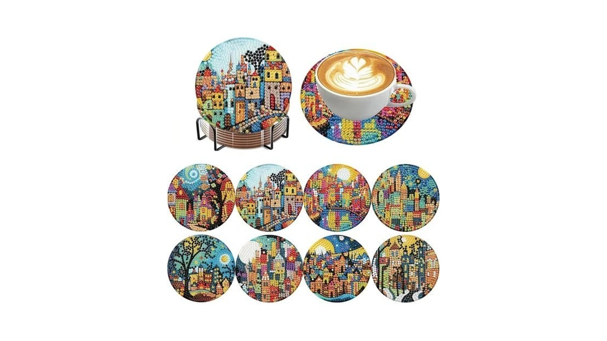 Ijbnhd 8 Pcs Diamond Art Coasters Kits, House Diamond Painting