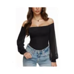 Reoria Womens Going Out Off The Shoulder Sheer Mesh Puff
