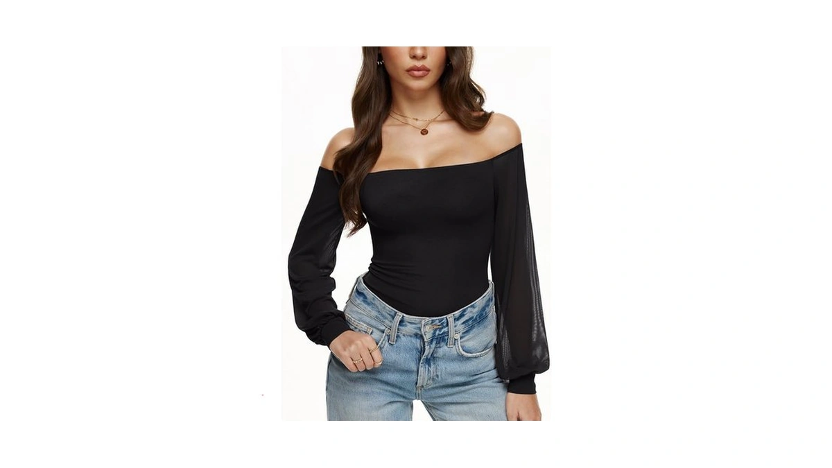 Reoria Womens Going Out Off The Shoulder Sheer Mesh Puff