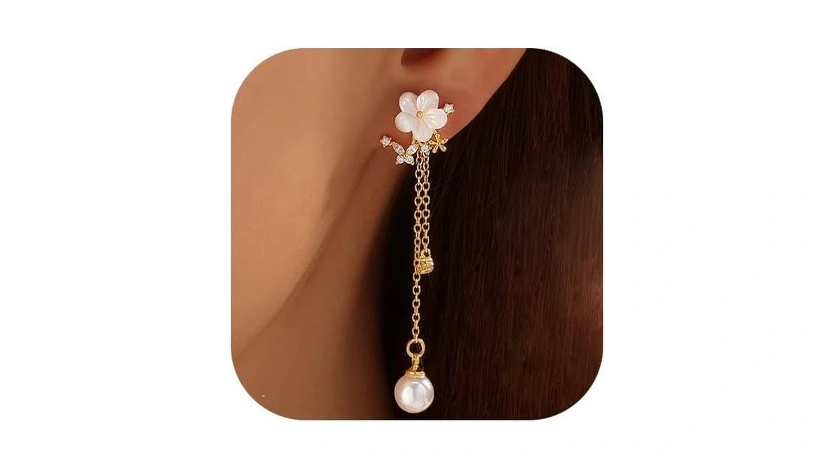 Pearl Earrings For Women, 14k Gold Plated Trendy Diamond Pearl