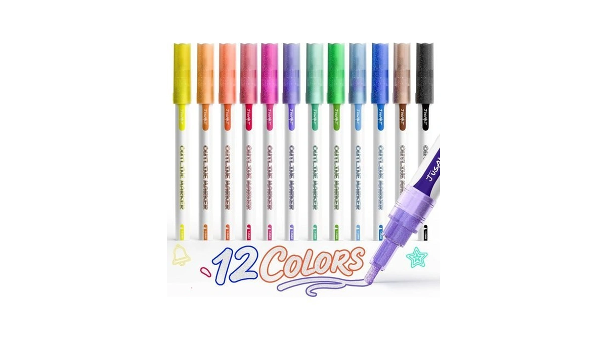 Jusart Outline Sparkle Markers, 12 Metallic Shimmer Pens For Adult