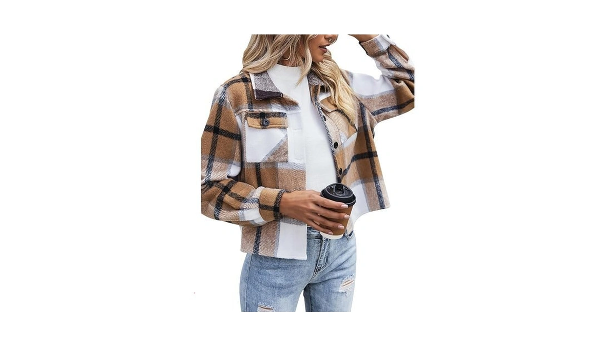 Zeagoo Flannels For Women Cropped Shacket Jacket Plaid Button Long