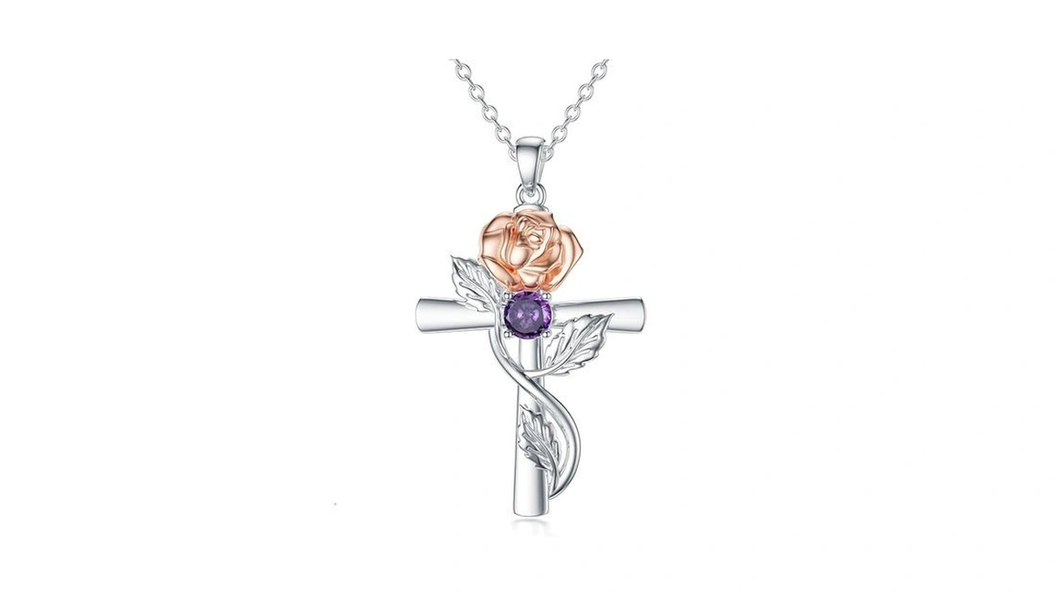 Toupop Alexandrite June Birthstone Necklace 925 Sterling Silver Cross Rose