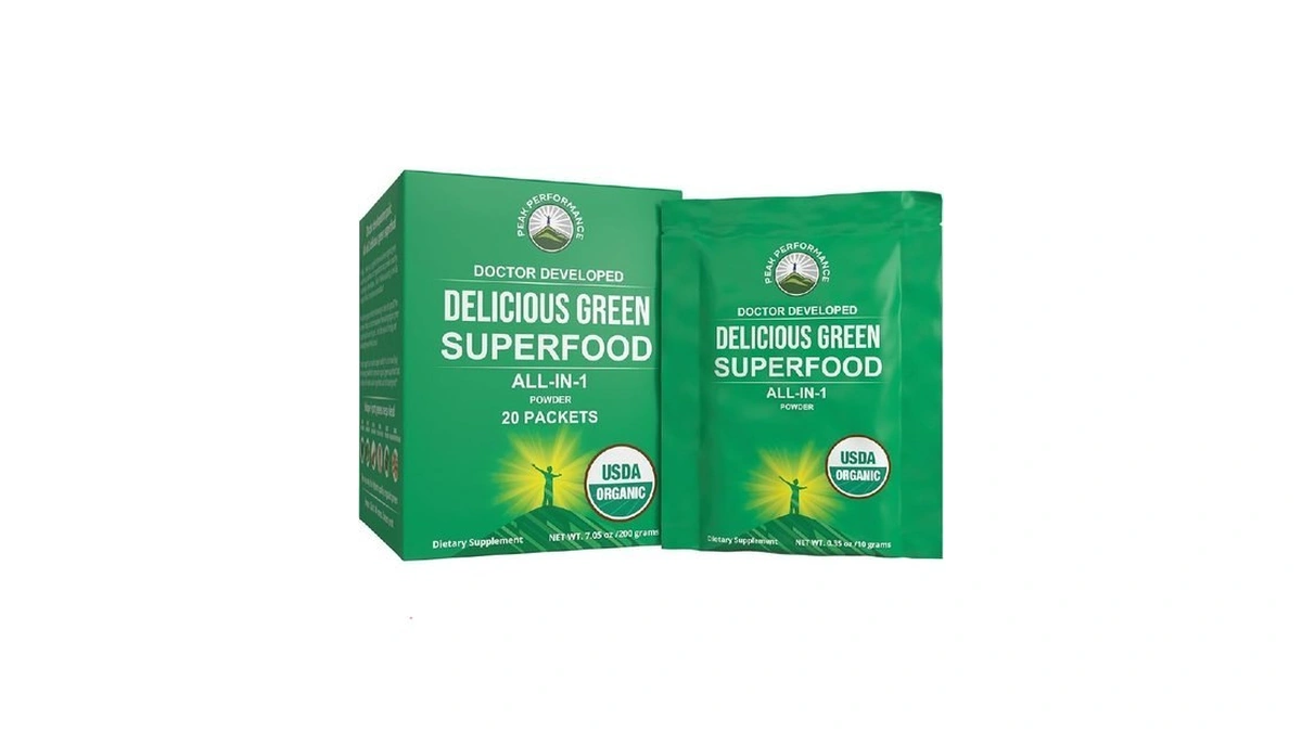 Peak Performance Organic Greens Superfood Powder Single Serve Travel Packets.