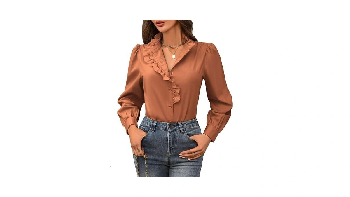 Lookboho Women's Fall Button Shirts - Ruffle Neck Long Sleeve