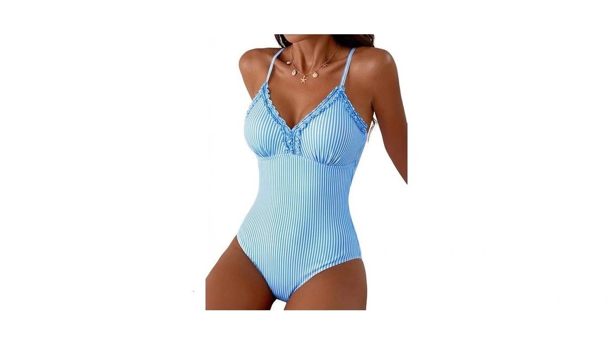 Aleumdr Women Splice Ruffle Trim One Piece Swimsuit Tummy Control