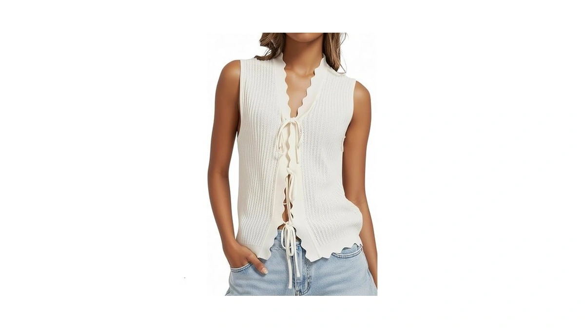 Orolay Women's Tie Front Crochet Top Scalloped Knit Vest Sleeveless