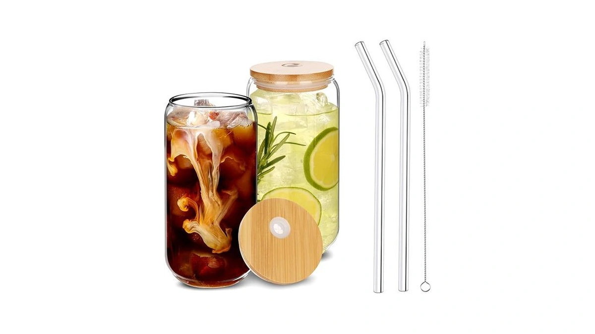 Mohary Drinking Glasses With Bamboo Lids And Glass Straw 2pcs