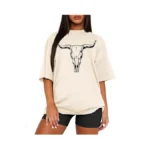 Mapick Womens Short Sleeve Trendy Tops Cotton Oversized Cow Skull
