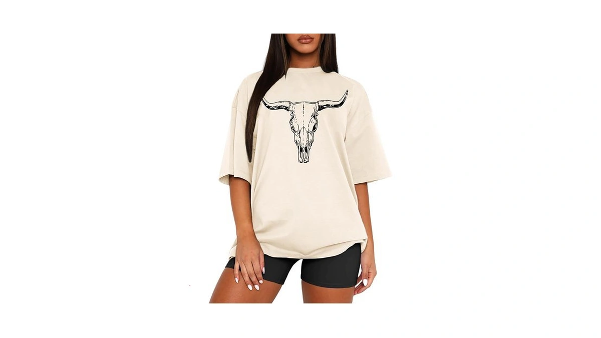 Mapick Womens Short Sleeve Trendy Tops Cotton Oversized Cow Skull