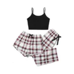 Gorglitter Women's 3 Piece Plaid Pajamas Pants Set Cami Top