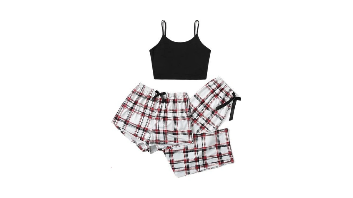 Gorglitter Women's 3 Piece Plaid Pajamas Pants Set Cami Top
