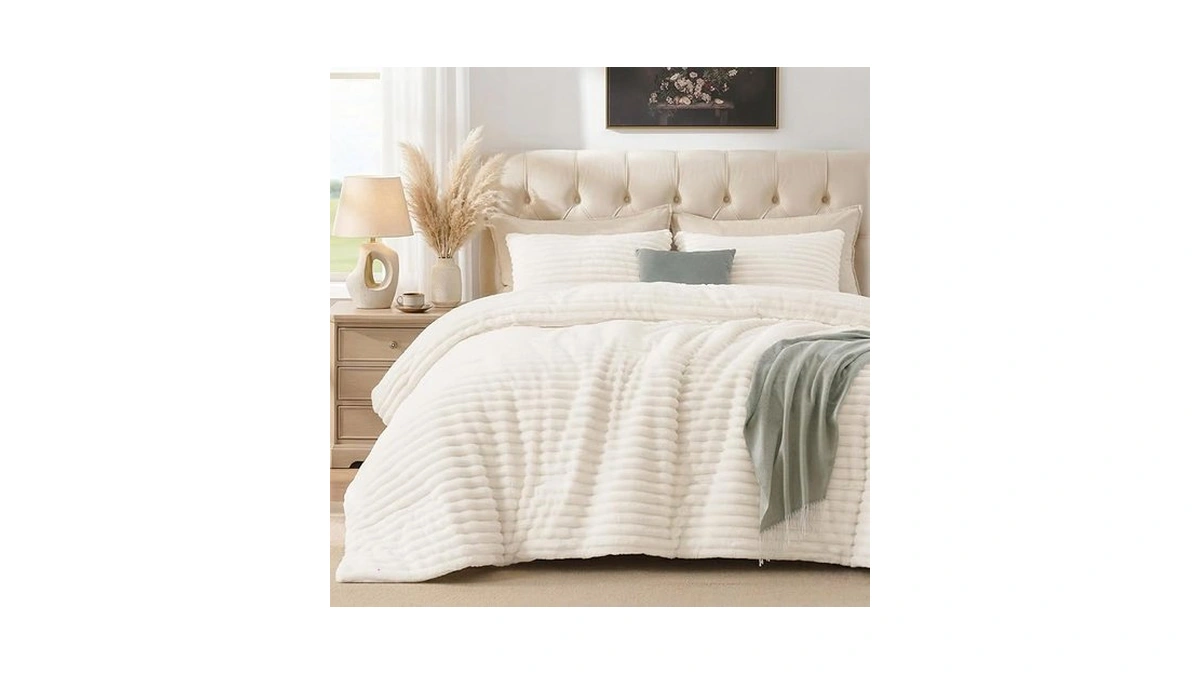Quataly Marshmallow Queen Fleece Comforter Set Cream White Faux Fur
