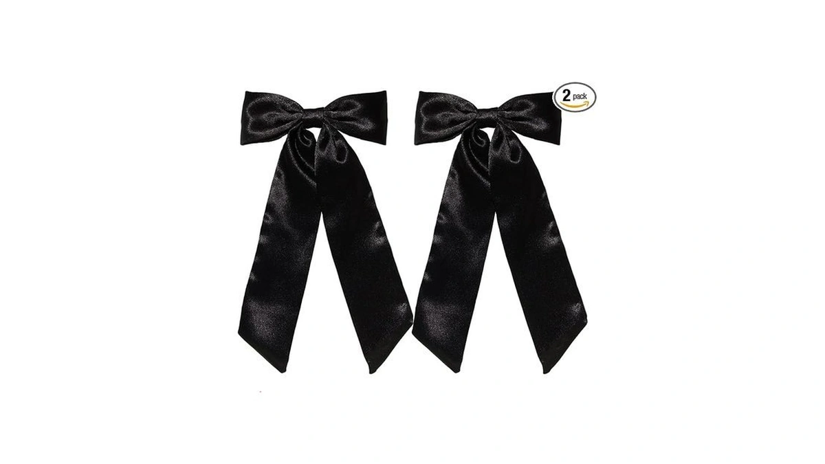 Furling Pompoms Hair Bows Clips With Long Tail, 2pcs Black